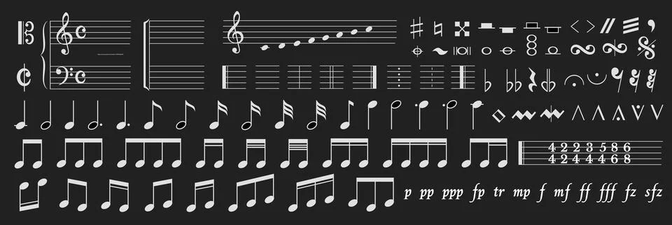 Comprehensive Collection of Musical Notation Elements Stockillustratie