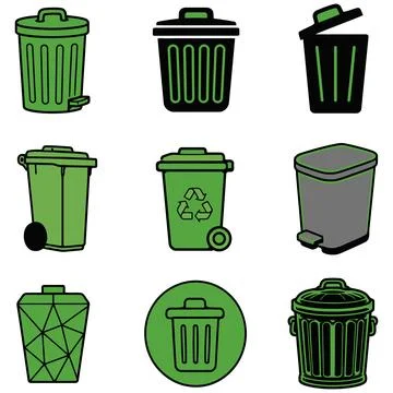 A Comprehensive Collection of Various Trash Can and Waste Bin Icon Designs .. Stock Illustration