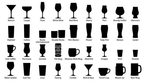 Comprehensive collection vector silhouette icons for various beverage Stock Illustration