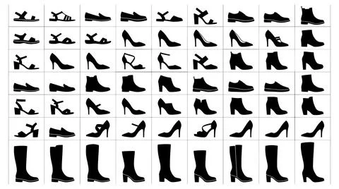 Comprehensive collection vector silhouettes various footwear designs styles Stock Illustration