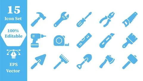 Comprehensive construction and maintenance hand tool icon set with constructi Stock Illustration