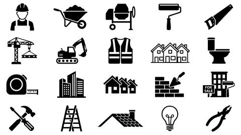 Comprehensive construction and real estate industry icon set vector Stock Illustration