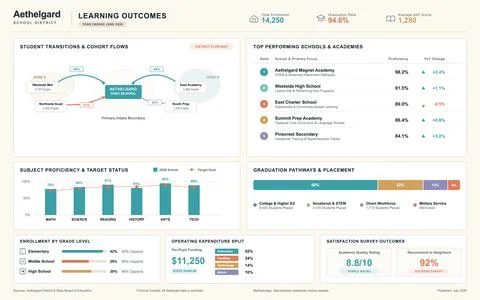 Comprehensive digital dashboard displaying academic performance metrics, enro Illustrazione stock