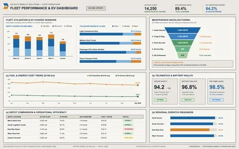 A comprehensive digital dashboard showing logistics metrics, electric vehicle Stock Illustration