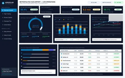 A comprehensive digital interface displaying aviation logistics, flight perfo Stock Illustration