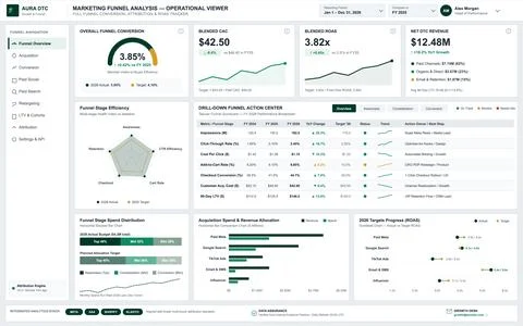 A comprehensive digital marketing dashboard displaying conversion rates, reve Illustrazione stock