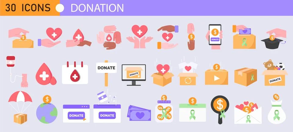 Comprehensive Donation Vector Icon Set - Charity, Fundraising, Non-Profit Stock Illustration
