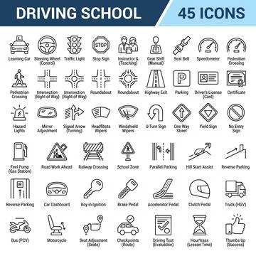 Comprehensive driving school icon set featuring 45 essential symbols for le.. Stock Illustration