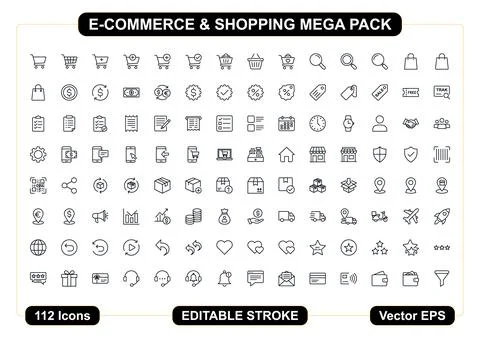 Comprehensive e commerce and online shopping icon pack featuring editable s.. Stock Illustration