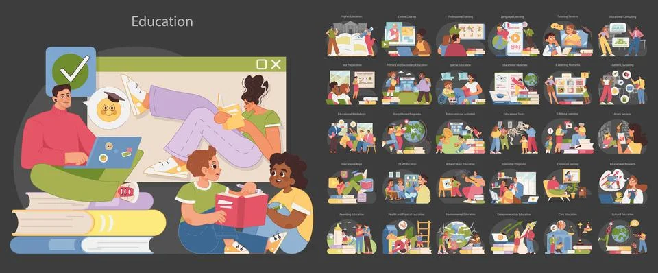 Comprehensive education set. Flat vector illustration Illustrazione stock