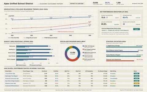 Comprehensive educational data visualization showing graduation trends, subje イラスト素材
