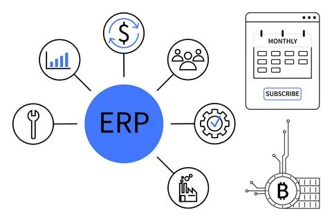 Comprehensive ERP System with Key Modules and Subscription Model Highlighted Stock Illustration