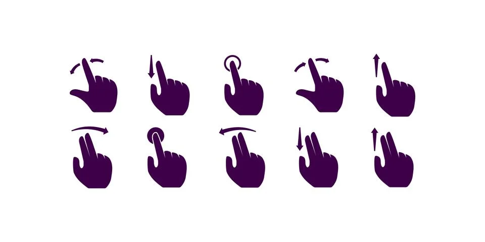 Comprehensive flat icons set representing hand gestures including tap, zoom,  Stock Illustration