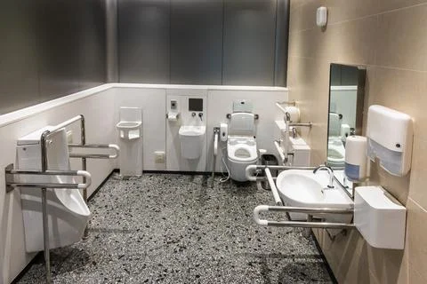 Comprehensive generic disability friendly restroom toilet sanitary with han.. Stock Photos