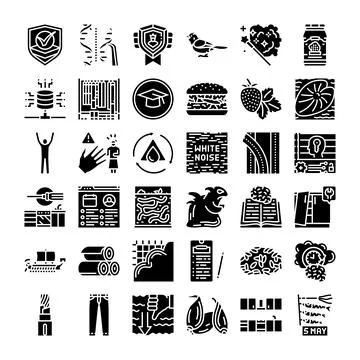 Comprehensive glyph icon set representing diverse concepts Stock Illustration