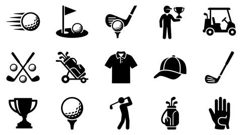 Comprehensive golf sport icon set with club hitting ball tee Stock Illustration