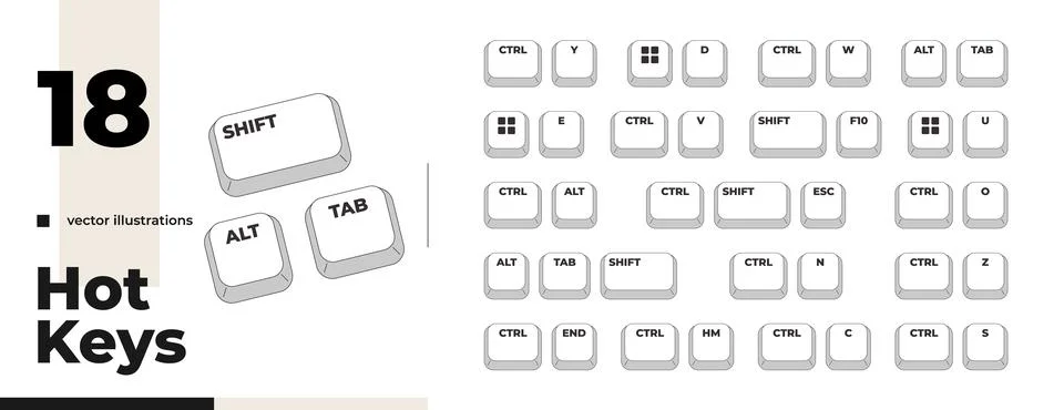 Comprehensive grayscale keyboard hotkey pack Stock Illustration