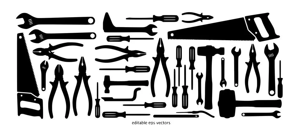 Comprehensive Hand Tools Silhouette Collection Vector Set Ilustración de archivo