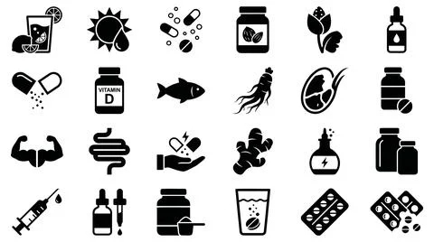 Comprehensive healthcare supplement icon collection Illustrazione stock