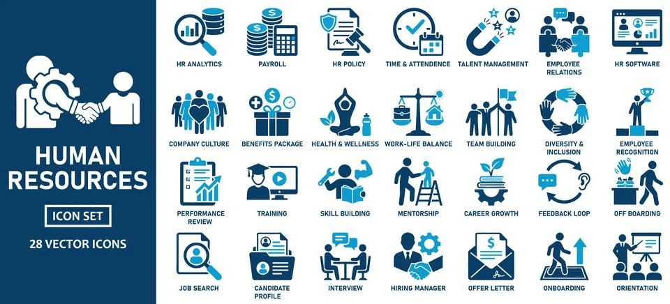 Comprehensive Human Resources Icon Set Featuring 28 Vector Designs Stock Illustration