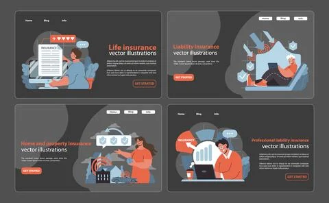 Comprehensive insurance set. Interactive web panels for life, liability. Stock Illustration