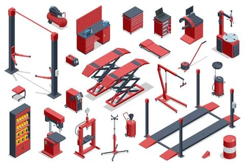 Comprehensive isometric auto workshop set. Includes two-post lift, scissor lifts Stock Illustration