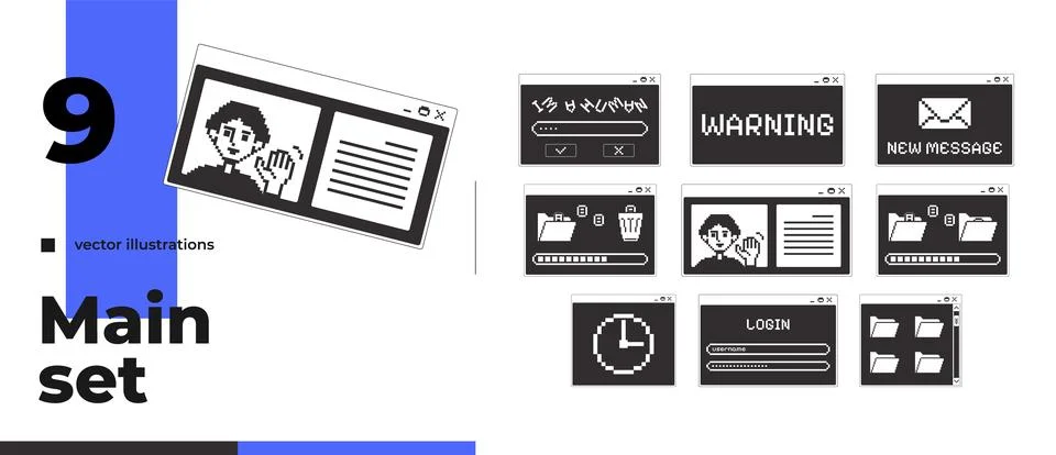 Comprehensive monochrome pixel pop-up window pack Stock Illustration
