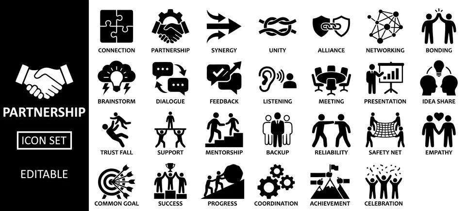Comprehensive partnership icon set showcasing teamwork and collaboration co.. Illustrazione stock