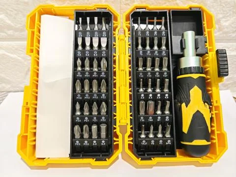 Comprehensive Screwdriver Bit Set with Handle in Yellow Storage Case Foto stock