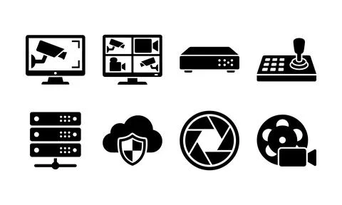 Comprehensive security camera and surveillance equipment monitoring icons set Stock Illustration
