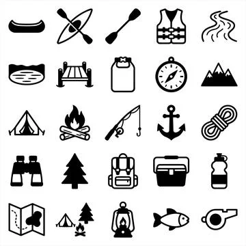 A comprehensive set of 25 camping and outdoor adventure activity icons feat.. Stock-Illustration
