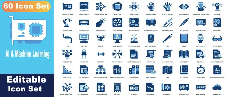 Comprehensive set of 60 blue gradient technology and computing icons, inclu.. Stock Illustration
