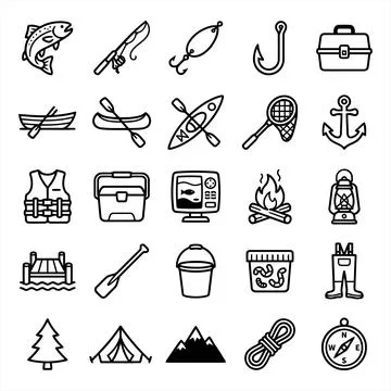A comprehensive set of black and white line art icons depicting fishing equ.. Stockillustratie