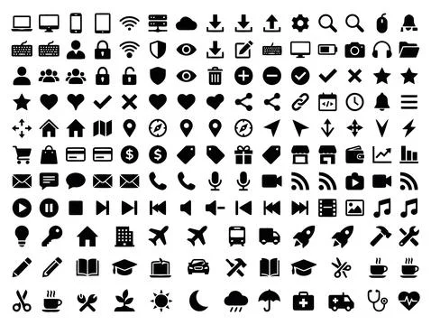 Comprehensive Set of Black Flat Vector Icons for Digital Interface Design A.. Stock Illustration