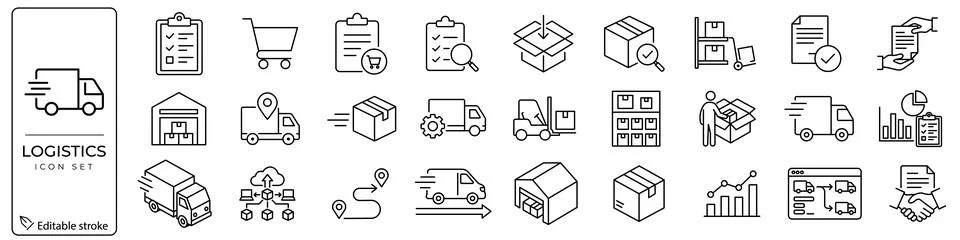 Comprehensive set of black outline vector icons related to logistics, shipp.. Stock Illustration