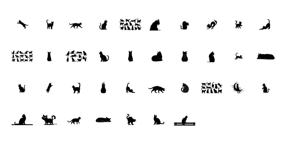 Comprehensive set of black silhouette representing cats in various poses an.. Stock Illustration