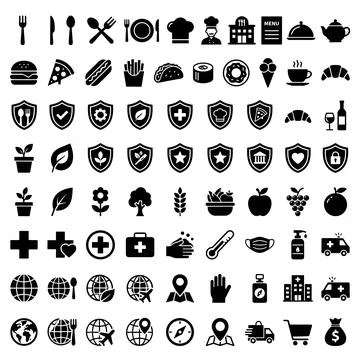 A comprehensive set of black vector icons featuring food, health, safety, and Stock Illustration