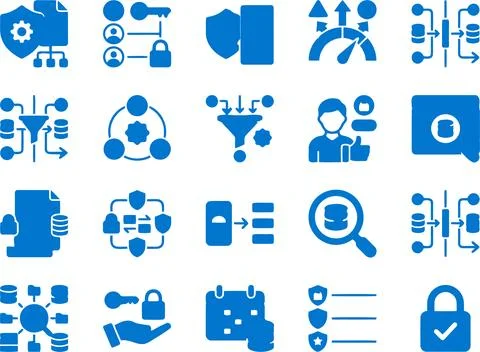 A Comprehensive Set of Blue Data Management and Cybersecurity Vector Icons Stock Illustration