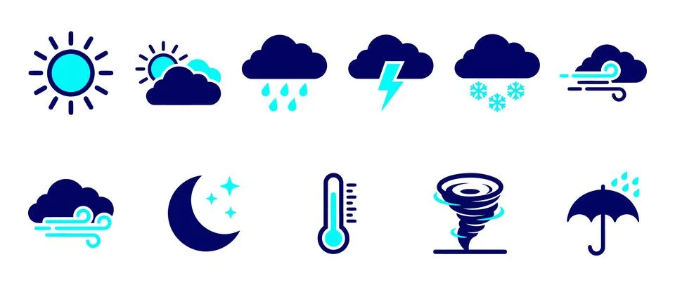 A comprehensive set of dark blue and cyan weather icons for digital forecas.. Stock Illustration