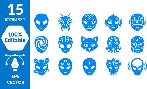 A comprehensive set of fifteen unique alien and sci-fi creature facial icons Illustrazione stock