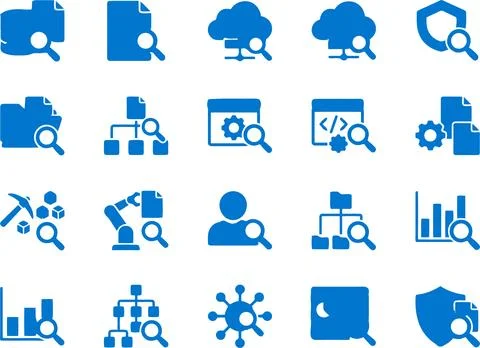 A comprehensive set of flat blue icons representing data research and digit.. Stockillustratie