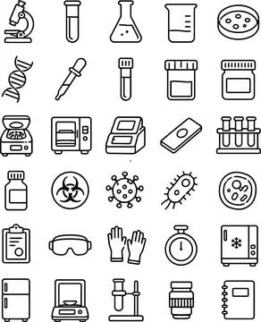A Comprehensive Set of Laboratory Research Equipment Icons for Scientific Stu Stock Illustration