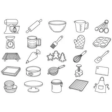 A Comprehensive Set of Line Art Kitchen Utensils for Baking and Cooking Pro.. Stockillustratie