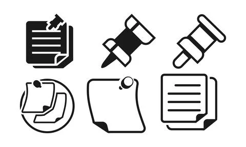 Comprehensive Set of Monochrome Office Supply Icons Including Notes, Pins, .. Stock Illustration