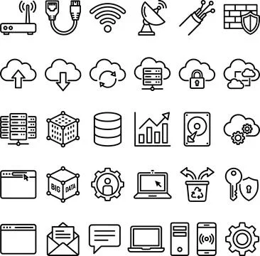 Comprehensive Set of Outline Icons Representing Cloud Computing, Data Stora.. Stock Illustration