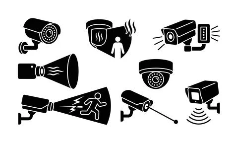 A comprehensive set of security camera and surveillance icons Stock Illustration