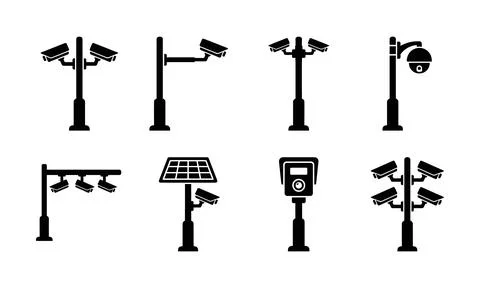 A comprehensive set of security camera poles and monitoring systems Stock Illustration