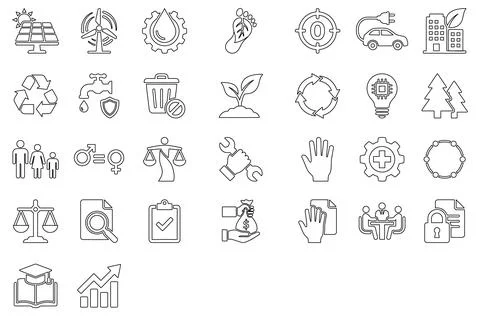 A comprehensive set of vector icons representing modern ESG, environment, a.. Illustrazione stock