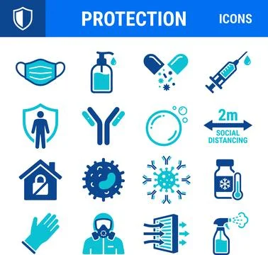 Comprehensive set of virus protection and pandemic safety icons. Stock-Illustration