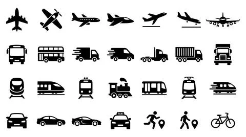 Comprehensive transportation vector icon set with pedestrians location markers Stock Illustration